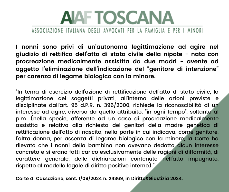I nonni sono privi di un’autonoma legittimazione ad agire nel giudizio di rettifica dell’atto di stato civile della nipote - nata con procreazione medicalmente assistita da due madri - avente ad oggetto l’eliminazione dell’indicazione del “genitore di intenzione” per carenza di legame biologico con la minore.
